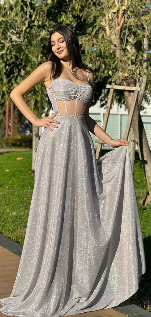 Shiny Silver Spaghetti Strap A-Line Long Prom Dress Ideas, Evening Party Dresses,WGP1615