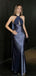 Elegant Navy Satin Halter Neck Prom Dress Sexy Backless Floor Length Formal Gown,WGP2092
