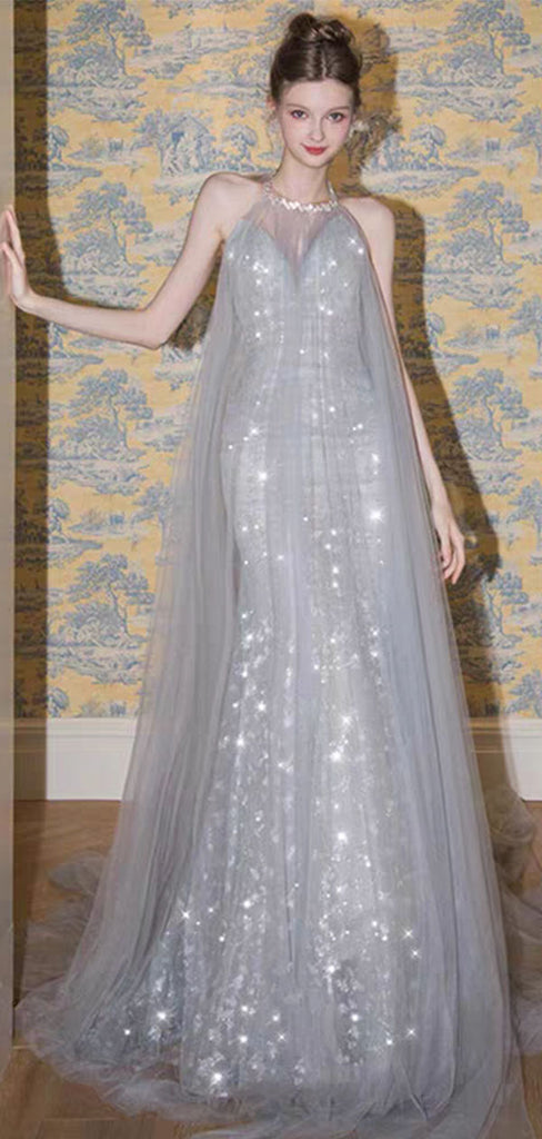Shiny Silver Halter A-Line Long Prom Dress Ideas, Evening Party Dresses,WGP1727