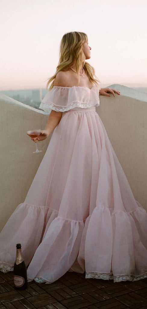 Elegant Off-the-Shoulder Organza Prom Dress Pink A-Line Formal Gown,WGP2129
