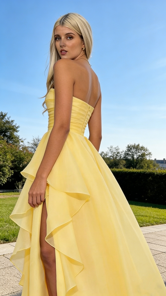 Elegant Strapless Yellow Chiffon Prom Dress Ruffle Layers High Slit Gown,WGP2120