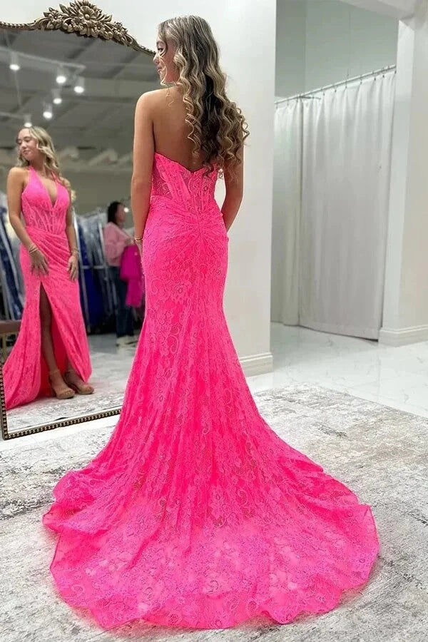 Unique Pink Lace Prom Gown with Sexy High Slit Halter V-Neck Sleeveless Mermaid Dress,WGP2088