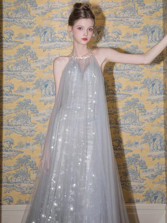 Shiny Silver Halter A-Line Long Prom Dress Ideas, Evening Party Dresses,WGP1727