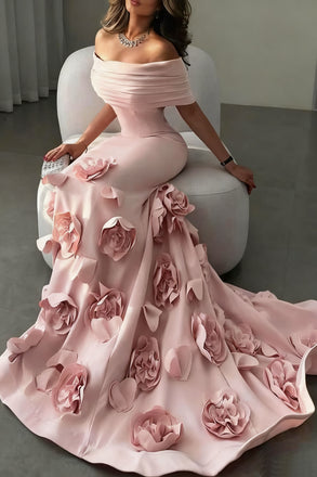 Unique Pink Floral Off-Shoulder Mermaid Sleeveless Long Prom Dress Ideas, Evening Party Dresses,WGP1685