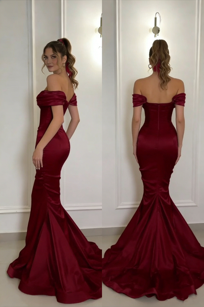 Sexy Burgundy Off-Shoulder Mermaid Long Prom Dress Ideas, Evening Party Dresses, WGP2036