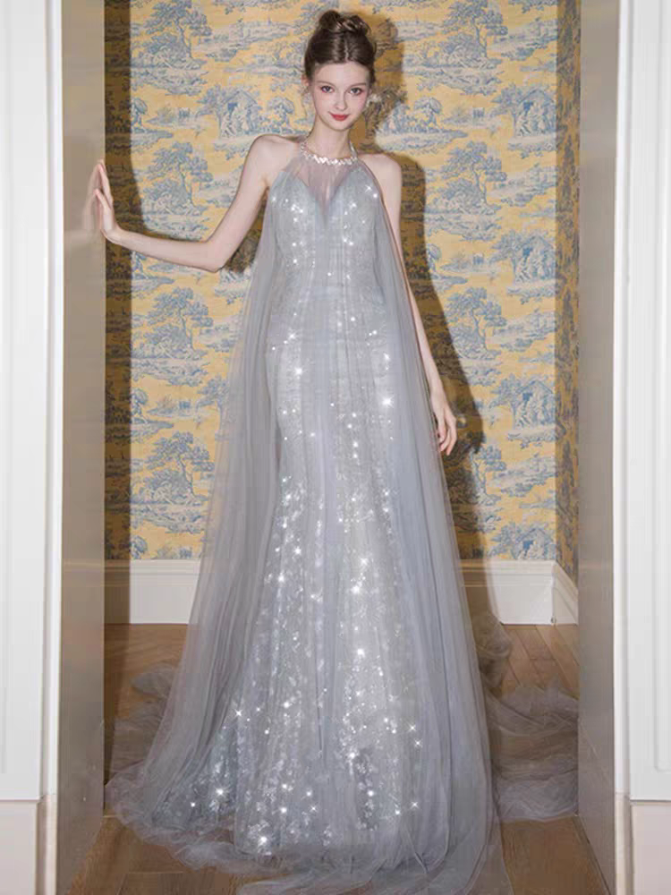 Shiny Silver Halter A-Line Long Prom Dress Ideas, Evening Party Dresses,WGP1727