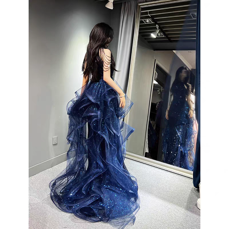 Shiny Blue Halter Mermaid Long Prom Dress Ideas, Evening Party Dresses,WGP1751