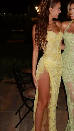 Sexy Yellow Spaghetti Strap Mermaid Side Slit Long Prom Dress Ideas, Evening Party Dresses,WGP1608