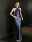 Elegant Navy Satin Halter Neck Prom Dress Sexy Backless Floor Length Formal Gown,WGP2092
