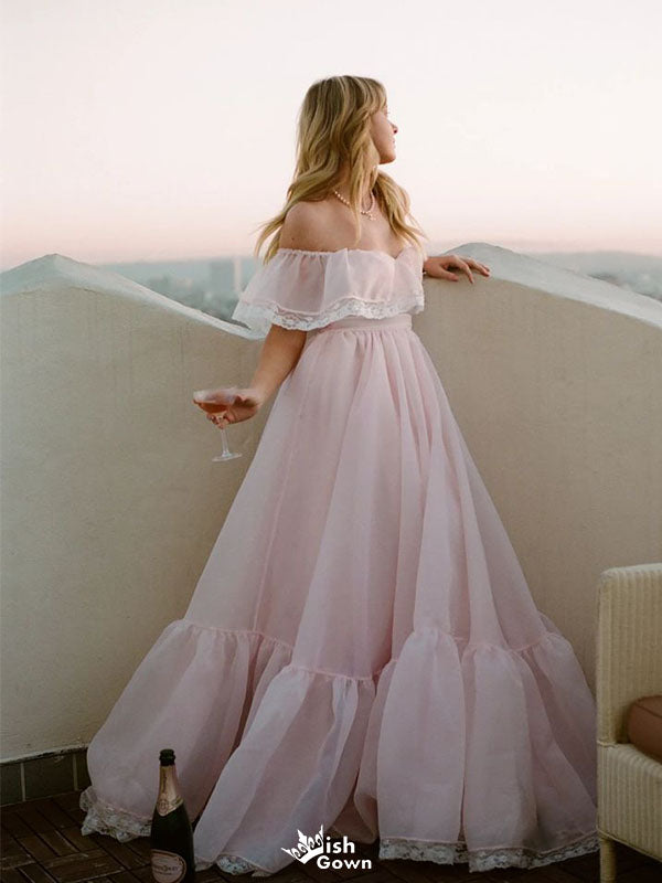 Elegant Off-the-Shoulder Organza Prom Dress Pink A-Line Formal Gown,WGP2129
