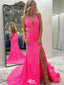 Unique Pink Lace Prom Gown with Sexy High Slit Halter V-Neck Sleeveless Mermaid Dress,WGP2088