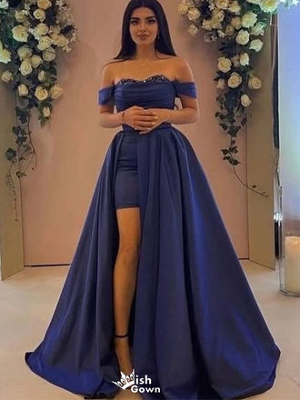 Elegant Navy Blue Off-Shoulder A-Line Long Prom Dress Ideas, Evening Party Dresses,WGP1975