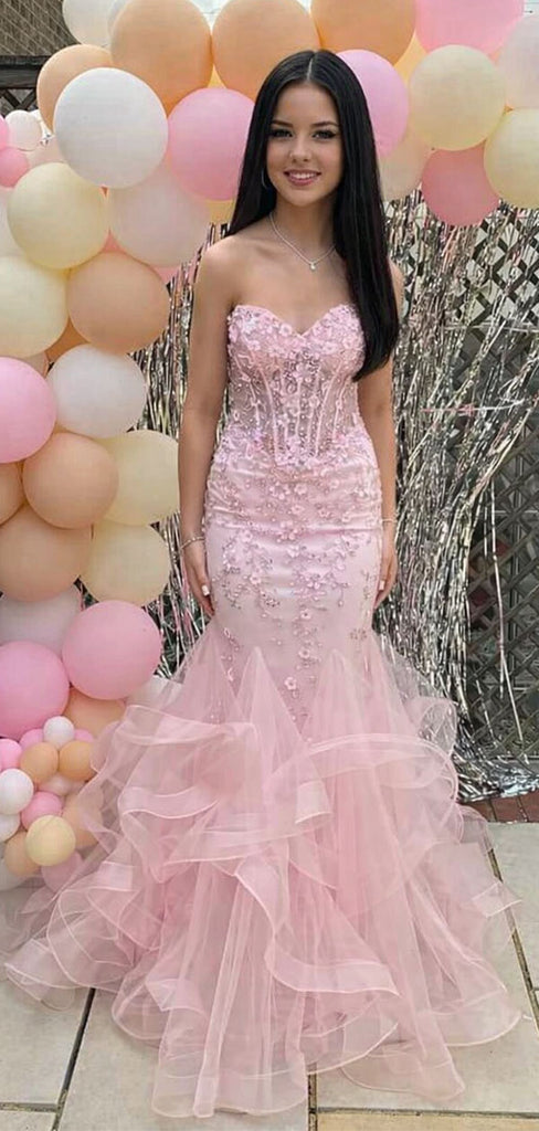 Fancy Pink Sweetheart Corset Prom Dress 3D Floral Ruffle Tiered Mermaid Gown,WGP2182