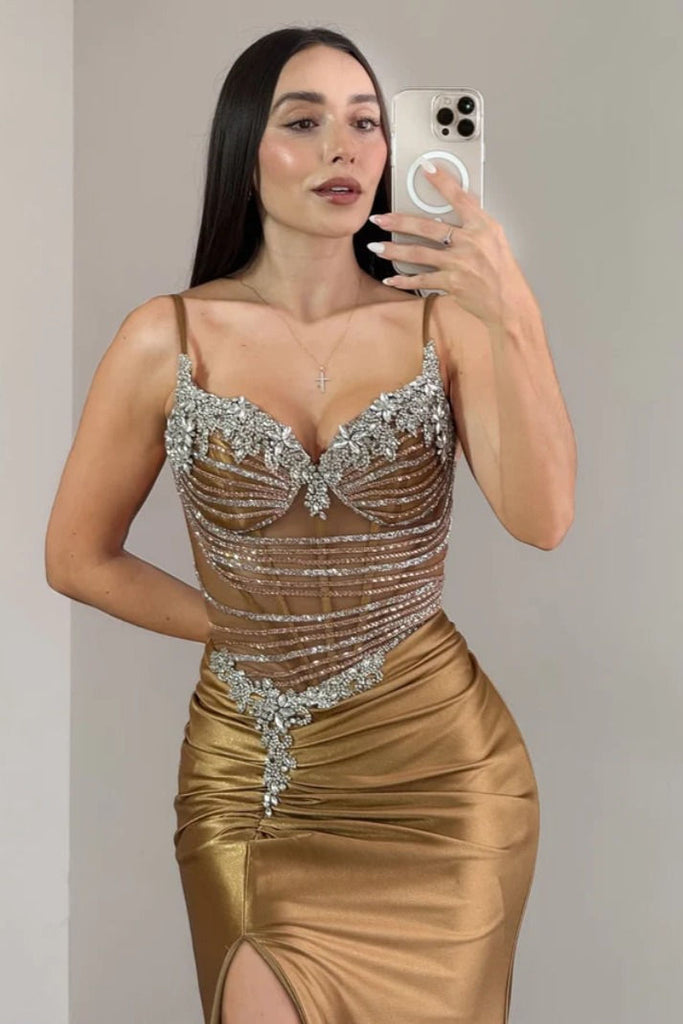 Elegant Gold Spaghetti Strap Mermaid Long Prom Dress Ideas, Evening Party Dresses,WGP1985