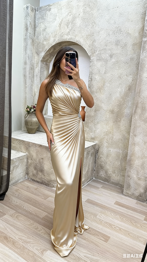 Chic One Shoulder Ruched Satin Prom Dress with Crystal Trim,WGP2159