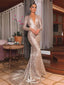 Sparkly Champagne V-Neck Long Sleeve Mermaid Long Prom Dress Ideas, Evening Party Dresses,WGP1970