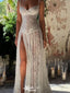 Sexy White Spaghetti Strap Mermaid Side Slit Long Prom Dress Ideas, Evening Party Dresses,WGP1868