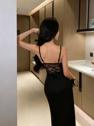 Sexy Black Spaghetti Strap Mermaid Side Slit Lace Long Prom Dress Ideas, Evening Party Dresses , WGP1578