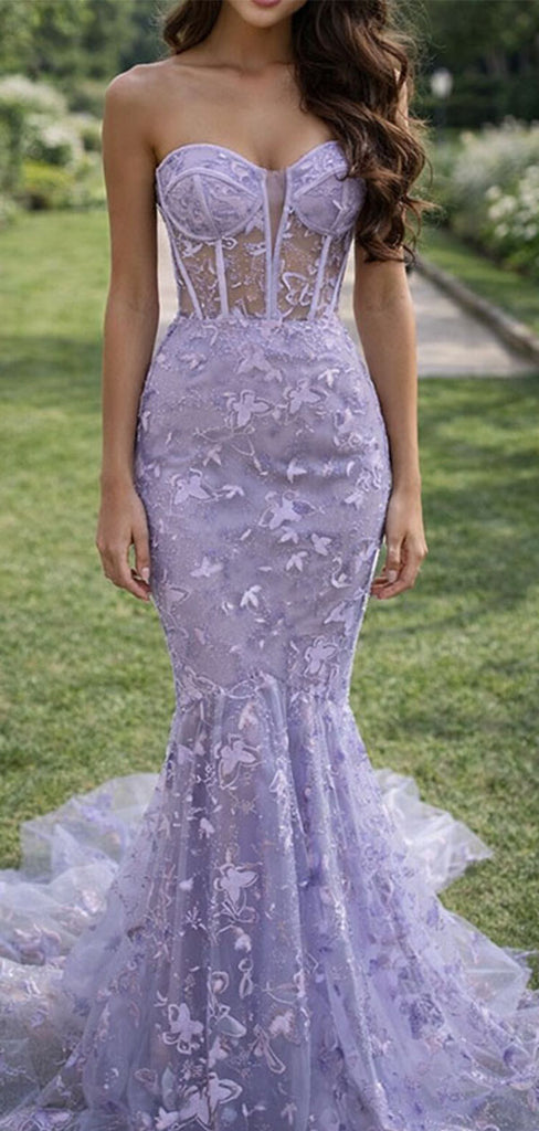 Modern Lavender Butterfly Lace Prom Gown Sheer Corset Mermaid Evening Dress,WGP2183