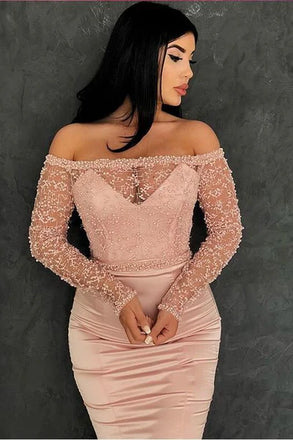 Elegant Pink Lace Long Sleeve Mermaid Long Prom Dress Ideas, Evening Party Dresses,WGP1694