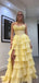 Unique Yellow Tiered Ruffle Prom Dress Strapless Corset Bodice Tulle Ball Gown with Slit,WGP2056