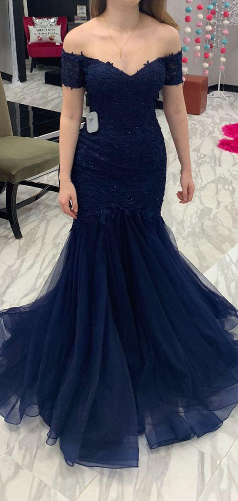 Sexy Navy Blue Off-Shoulder Mermaid  Long Prom Dress Ideas, Evening Party Dresses,WGP1761