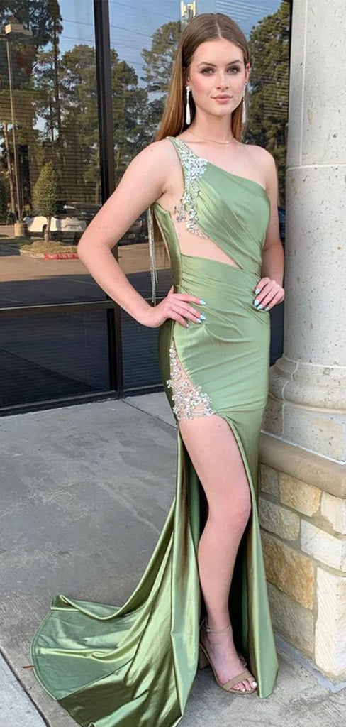 Elegant Green One-Shoulder Mermaid Long Prom Dress Ideas, Evening Party Dresses,WGP1987
