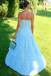 Classy Blue Strapless Ruched Chiffon Prom Dress Tiered Ruffle Formal Maxi Gown,WGP2184