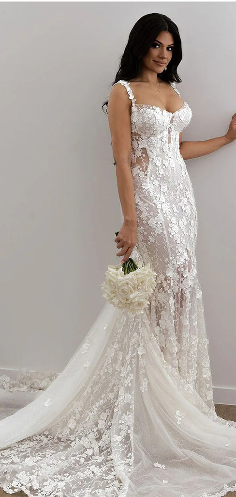 Elegant White Sweetheart Lace Mermaid Long Weddingc Dresses With Sweep Trailing ,WDH165