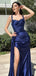Modern Navy Blue Satin Prom Dress Embroidered Lace Straps Sleeveless Open Back Design, WGP2046