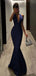Sexy Navy Blue V-Neck Mermaid Long Prom Dress Ideas, Evening Party Dresses, WGP2014