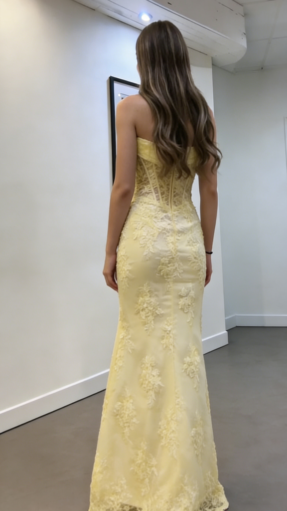 Modern Yellow Floral Lace Prom Dress Strapless Cowl Neck High Slit Corset Gala Gown,WGP2061