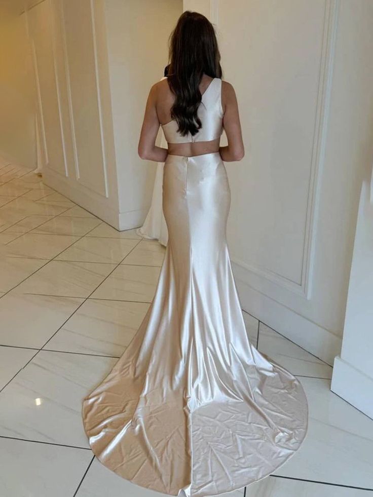 Elegant Champagne One-Shoulder Mermaid Side Slit Long Prom Dress Ideas, Evening Party Dresses, WGP2000