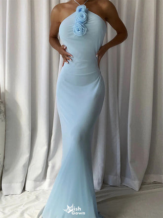 Elegant Blue Halter Mermaid Long Prom Dress Ideas, Evening Party Dresses,WGP1824