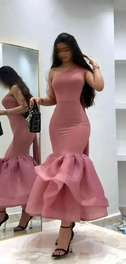 Elegant Pink One-Shoulder Mermaid Long Prom Dress Ideas, Evening Party Dresses,WGP1812