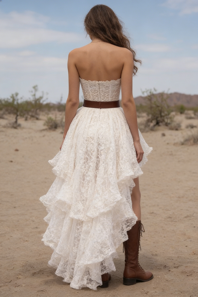 Unique High Low Lace Prom Dress Strapless Sweetheart A-Line Gown with Brown Leather Belt,WGP2047