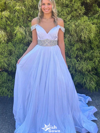 Elegant Off-shoulder V-neck A-line Long Prom Dress Ideas, Evening Party Dresses,WGP1217