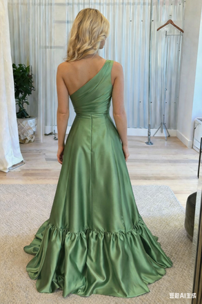 Fancy Green One-Shoulder Prom Dress Satin Pleated Sleeveless A-Line Ruffle Gown,WGP2178