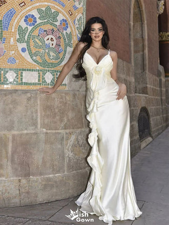 Elegant White Spaghetti Strap Mermaid Floral Long Prom Dress Ideas, Evening Party Dresses,WGP1701