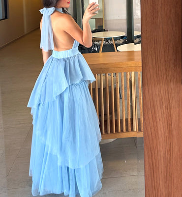 Elegant Blue High Neck Sleeveless A-Line Long Prom Dress Ideas, Evening Party Dresses , WGP1897