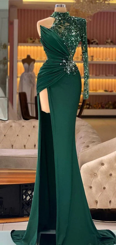 Gorgeous Green One-Shoulder Mermaid Long Prom Dress Ideas, Evening Party Dresses,WGP1977