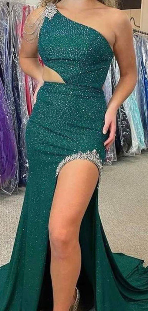 Elegant Green One-Shoulder Mermaid Side Slit Long Prom Dress Ideas, Evening Party Dresses,WGP1739