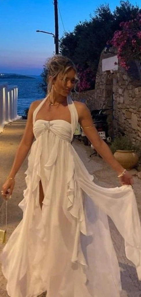 Elegant White Halter Strap A-Line Long Prom Dress Ideas, Evening Party Dresses,WGP1882