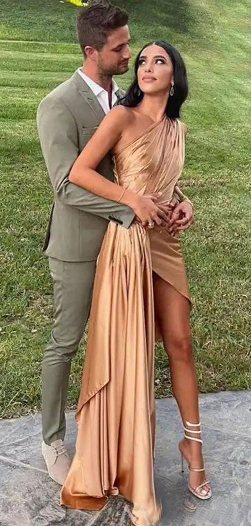 Elegant Gold One-Shoulder Mermaid Side Slit Long Prom Dress Ideas, Evening Party Dresses,WGP1608