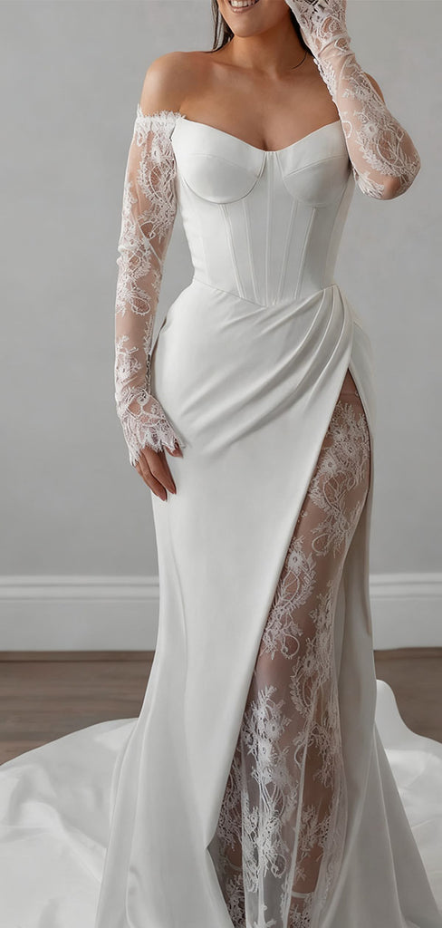 Elegant White Long Sleeve Lace Mermaid Long Weddingc Dresses With Sweep Trailing ,WDH166