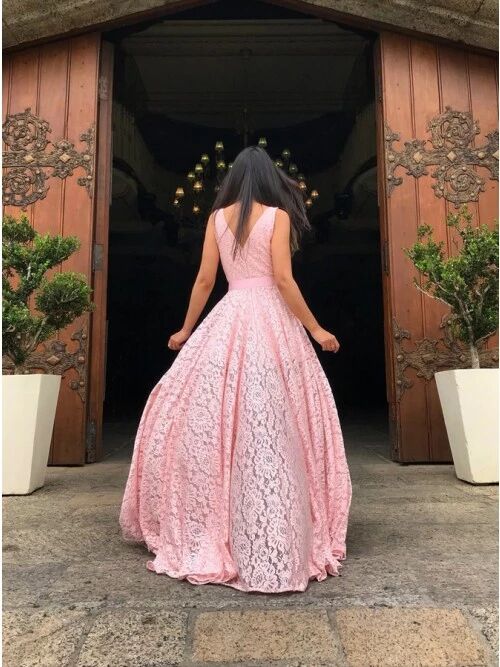 Elegant Pink V-Neck Side Slit Long Prom Dress Ideas, Evening Party Dresses,WGP1926