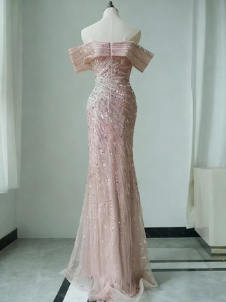 Sparkly Pink Off-Shoulder Mermaid Side Slit Long Prom Dress Ideas, Evening Party Dresses,WGP1753