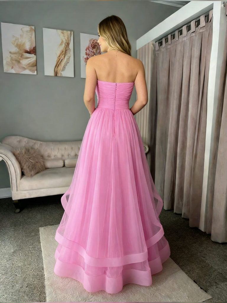 Elegant Pink Tulle Ball Gown Strapless Tiered Skirt Prom Party Dress Long,WGP2187