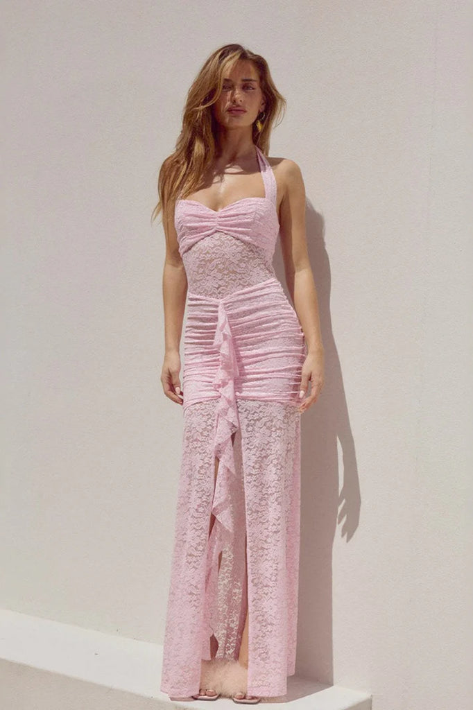 Classy Pink Lace Mermaid Prom Dress with Sexy High Slit and Halter Neck Sheer Bodice,WGP2104