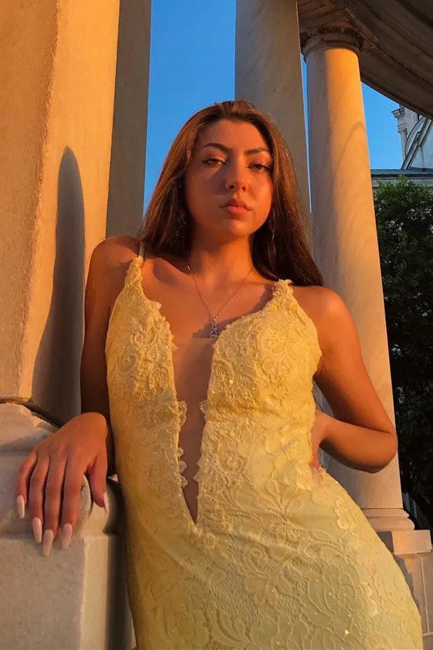 Unique Yellow Lace Applique Mermaid Prom Dress with Deep V-Neck Formal Gown,WGP2097